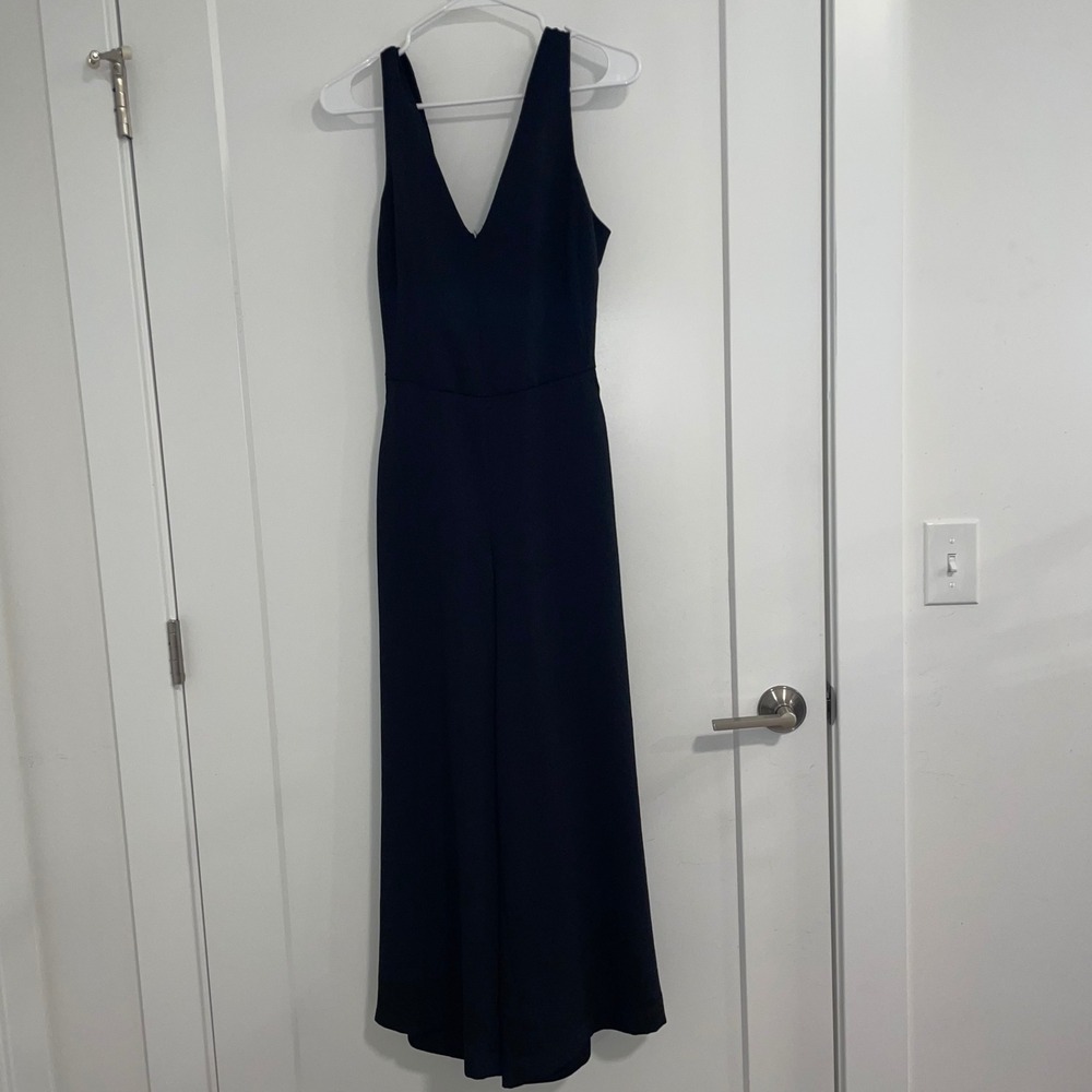 Wilfred Aritzia Navy Blue V-Neck Tie Back Cutout Wide Leg Jumpsuit Size 8